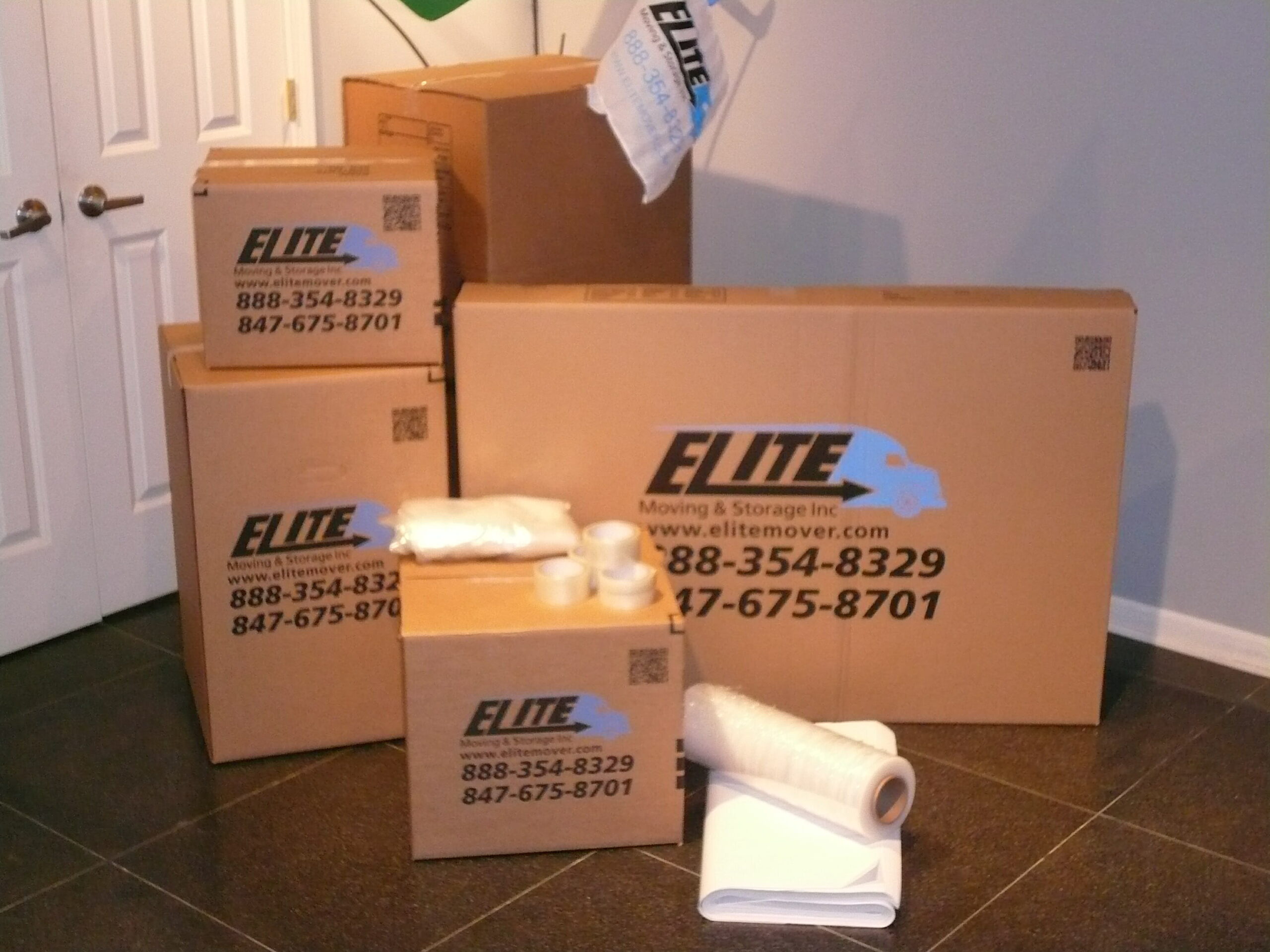Moving boxes various sizes, packing supplies, Elite logo